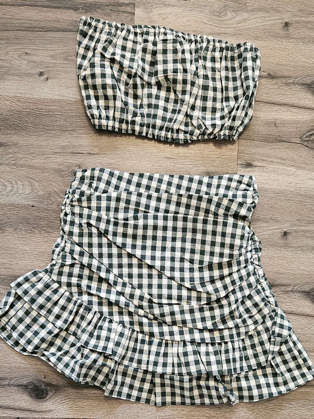 Green and White Gingham Ruffle Mini Skirt - Elastic Waist